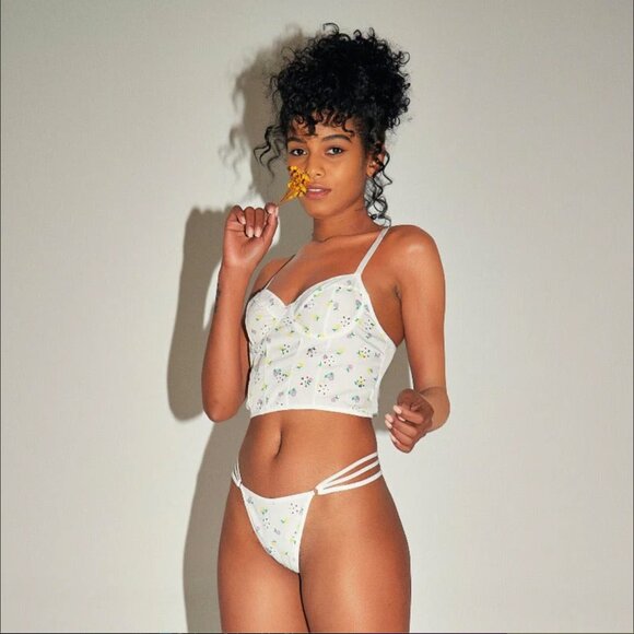 NEW!! 2PC SET! Moxy Intimates Floral Y2K Bustier Bra Crop Top & Thong, S Small - Picture 1 of 12